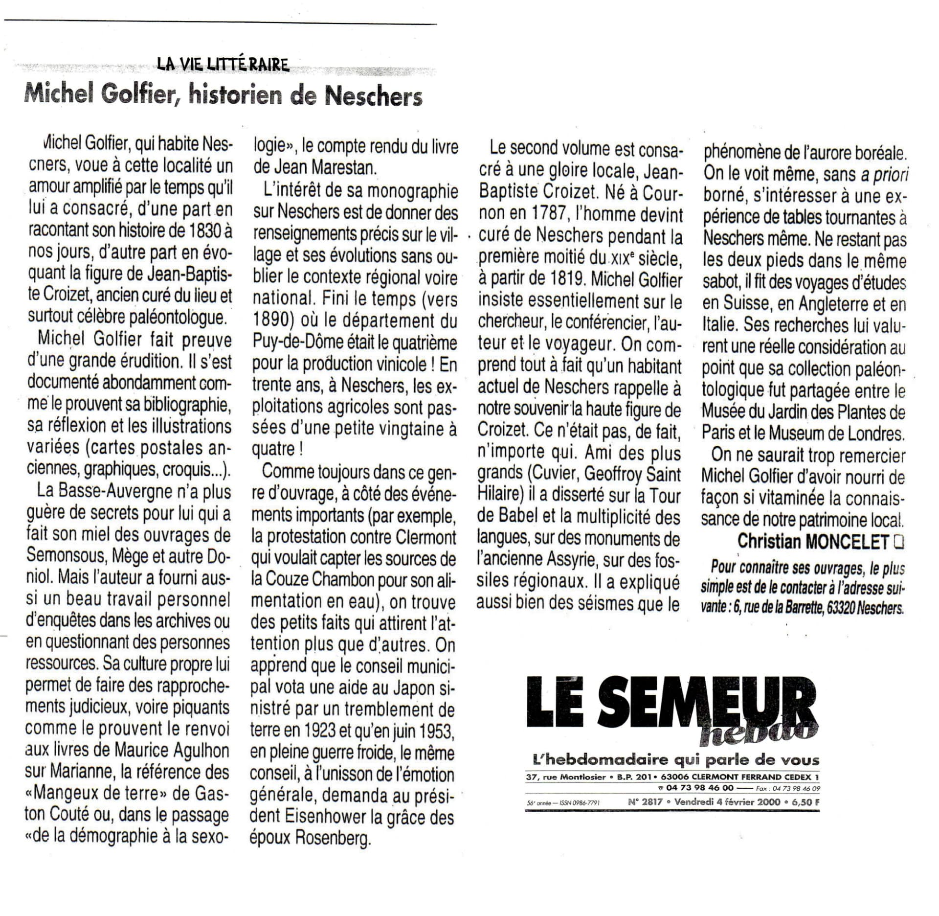 Articles de presse publiés en 1998 sur Jean-Baptiste Croizet, curé de Neschers et paléontologue.